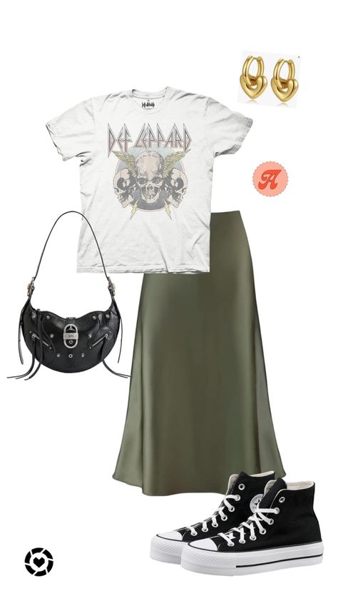 grungy everyday outfit entirely from amazon! ❤️‍🔥 tags: midi skirt, green, band tee, concert outfit, grunge, purse, amazon, outfit inspo Follow my shop @aubree.lauryn on the @shop.LTK app to shop this post and get my exclusive app-only content! #liketkit #LTKstyletip #LTKfindsunder100 @shop.ltk https://liketk.it/4jOn6 Band Tee And Skirt, Band Tee And Skirt Outfit, Band Tees Outfits, Concert Outfit Grunge, Grunge Purse, Band Tee Outfits, Midi Skirt Green, Outfit Grunge, Jw Pei