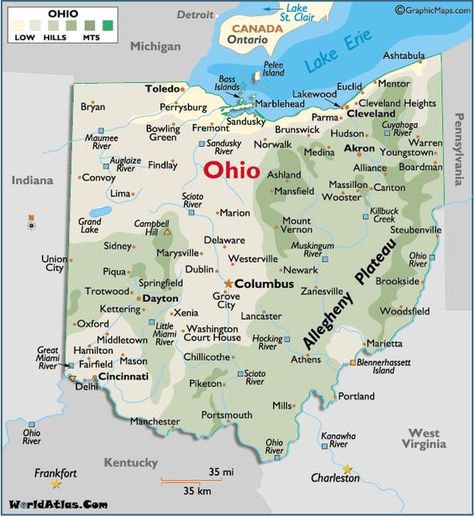 Map of Ohio - road through the state on our way to Jamestown, New York and they have the best antique shops called Riverview Antique Malls!!!!! Map Of Ohio, Massillon Ohio, Newark Ohio, Ohio Buckeyes, State Of Ohio, Ohio Map, Physical Map, Ohio Travel, Ohio History