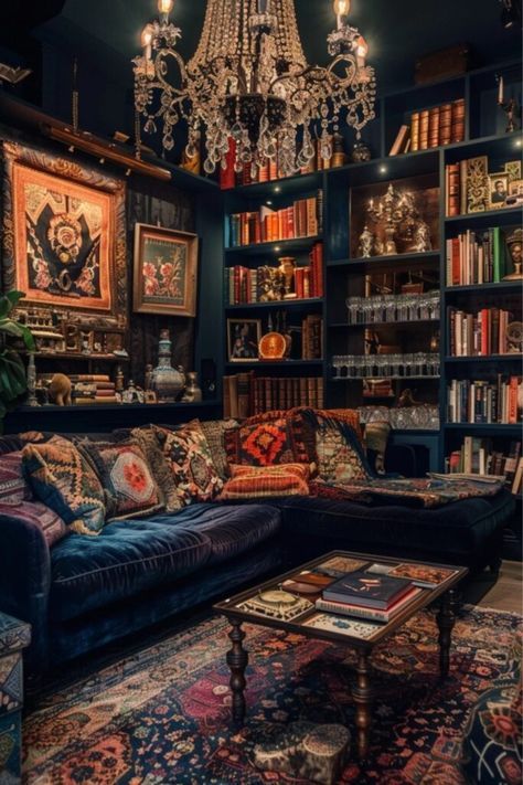 Dark Maximalism, Dark Maximalist, Dark Boho Living Room, Boho Living Room Ideas, Dark Boho, Boho Lounge, Dark Academia Style, Living Room Drapes, Academia Style