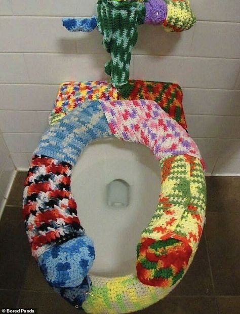 Cosy! Meanwhile someone came up with the very unsanitary idea of knitting a seat cover for... Toilet Crochet, My Funny Valentine, How To Start Knitting, Toilet Seat Cover, Toilet Seat, Seat Cover, 4th Of July Wreath, Crochet Projects, Graffiti