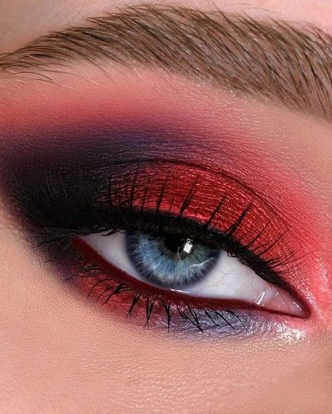 Grey And Red Makeup Looks, Red Metallic Eye Makeup, Red Halloween Eyeshadow, Goth Red Makeup Looks, Red And Black Vampire Makeup, Red And Black Eye Shadow Looks, Red Eyeshadow For Blue Eyes, Emo Red Makeup Looks, Bright Red Makeup Looks