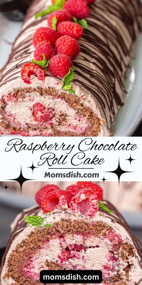 This raspberry roll cake is made with moist chocolate sponge cake, decadent cream, and fresh raspberries. Nail the shape with a simple kitchen trick! Raspberry Roll Cake, Jelly Roll Cake, Swiss Roll Cakes, Chocolate Roll Cake, Swiss Roll Cake, Cake Roll Recipes, Chocolate Raspberry Cake, Chocolate Sponge Cake, Raspberry Chocolate