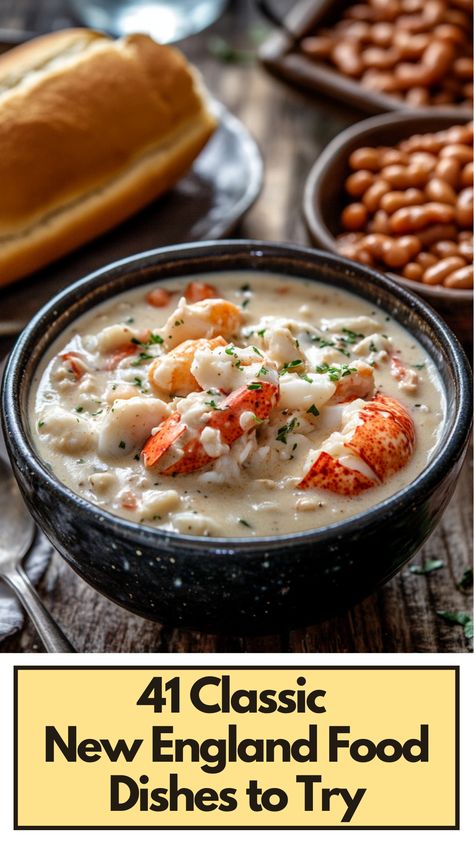 A bowl of creamy New England clam chowder, a fresh lobster roll, and Boston baked beans on a rustic table, representing classic New England food dishes. New England Meals, East Coast Food Recipes, New England Thanksgiving Recipes, New England Summer Recipes, New England Food Recipes, Early American Recipes, British Comfort Food, England Food Recipes, New England Dinner