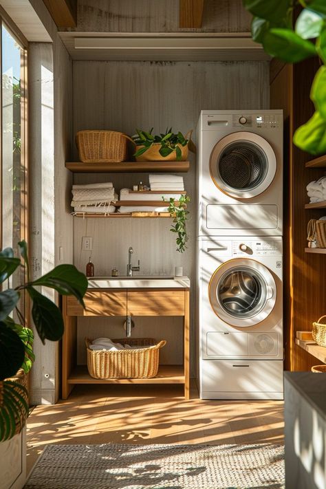 Stacked Laundry Room Ideas, Combined Laundry And Bathroom, Laundry Room Closet Ideas, Laundry Wallpaper, Scandinavian Laundry Room, Room Closet Ideas, Stylish Baskets, Stacked Laundry, Outdoor Laundry Rooms