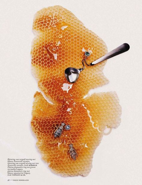 "Bee Good" by Alique. Vogue Netherlands, Nov. 2013. Jewelry Product Photography, Vogue Netherlands, Creative Advertising Photography, Honey Jewelry, Food Still Life, Fashion Still Life, Sting Like A Bee, Jewelry Photography Styling, Jewellery Photography