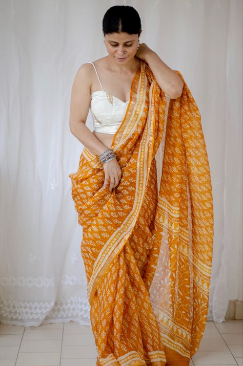 Hand block printed kota silk Chakori Ethnic, Saree Orange, Saree Women, Kota Silk Saree, Block Print Saree, Print Saree, Linen Saree, Indigo Colour, Red Saree