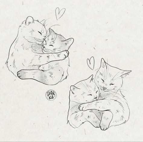 Woman And Cat Drawing, Cats Inlove Drawing, 2 Cats Together Tattoo, Cat Tattoo Designs Sketches, Cats Cuddling Tattoo, Two Cats Together Drawing, Cats Cuddling Drawing Reference, Animals In Love Drawing, Cat Love Drawing