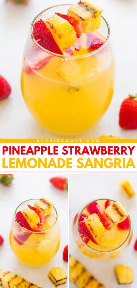 A 4th of July cocktail recipe featuring white wine sangria! Refreshing with a wonderful charred flavor, this Grilled Pineapple Strawberry Lemonade Sangria is also a delicious, easy Memorial Day cocktail. Put this strawberry pineapple sangria on your summer drink ideas! Pineapple Strawberry Lemonade, Pineapple Sangria Recipes, Strawberry Lemonade Sangria, 4th Of July Drinks, Summer Drink Ideas, July Cocktails, Weather Party, Pineapple Sangria, Summer Potluck Recipes