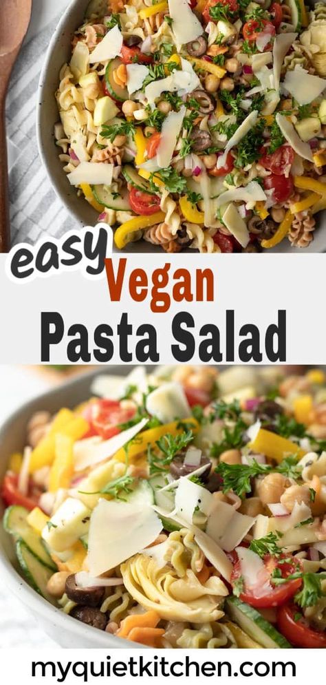 This classic Vegan Pasta Salad is easy, colorful, and perfect for parties. With fresh veggies like cucumber, tomato, and peppers plus chickpeas, olives, and zesty Italian dressing, it's a classic for a reason! For a light and healthy version try it with our Oil-Free Aquafaba Italian Dressing. Easy Vegan Pasta, Vegetable Pasta Salads, Lenten Recipes, Vegan Pasta Salad, Zesty Italian Dressing, Vegan Party Food, Vegan Party, Healthy Version, Wfpb Recipes