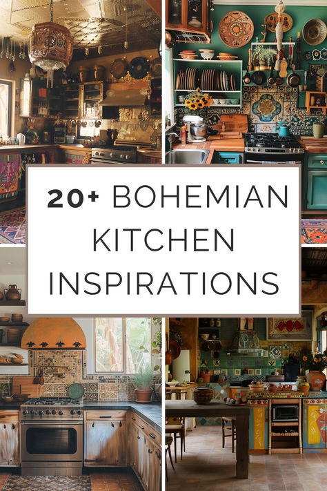 A collage showcasing various Bohemian kitchen designs, featuring rich colors, varied textures, and eclectic decor to inspire a lively kitchen makeover. Hobo Kitchen Ideas, Art Kitchen Design, Kitchen Boho Design, Bohemian Tiles Kitchen, Persimmon Kitchen Ideas, Romani Kitchen, Open Shelved Kitchens, Cozy Boho Kitchen Ideas, Small Elegant Kitchen Ideas