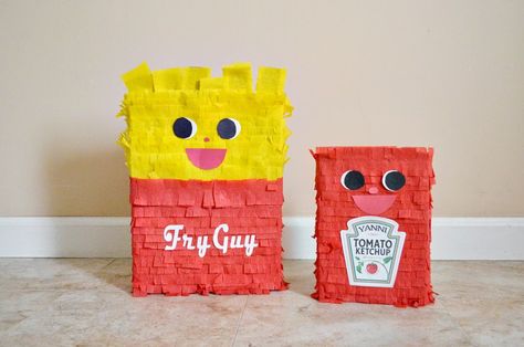 DIY French Fry & Ketchup Pinata Diy Ketchup, Food Zine, Balloon Pinata, Mcdonalds Birthday Party, Kids Pizza, Diy Pinata, School Celebration, French Fry, Fourth Birthday