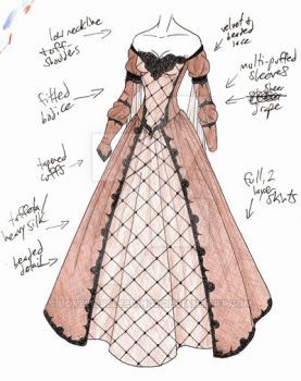 Anime Victorian Dress Drawing, Princess Dress Sketch, Princess Dress Drawing Sketches, Medieval Dress Drawing, Victorian Dress Drawing, Spring Court, Ancient Dress, Sketches Dresses, Dress Design Sketches