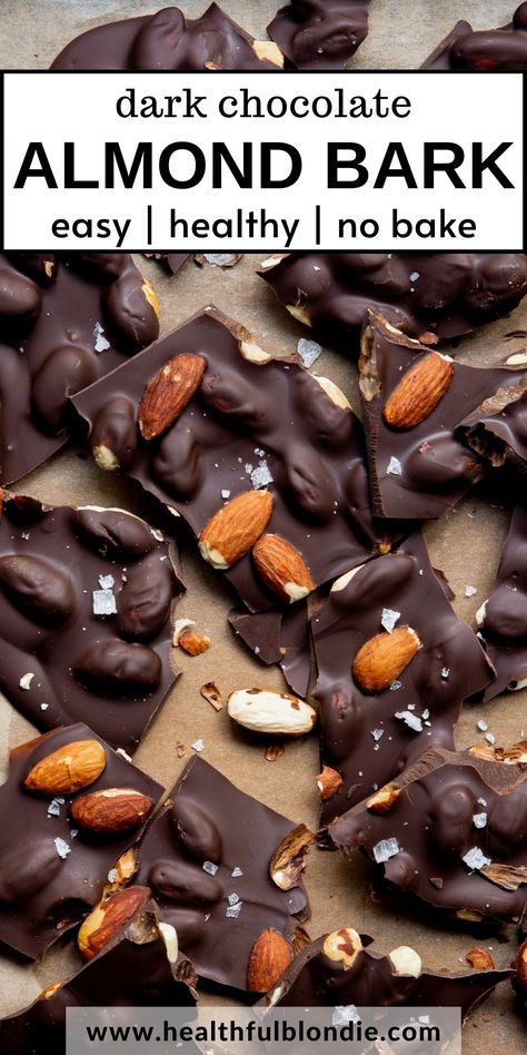 This 3-ingredient dark chocolate almond bark is the best no-bake, healthy treat! It's gluten-free and made with dark chocolate, roasted almonds, and coconut oil. Easily make it vegan too! Almond Covered Chocolate, Dark Chocolate Nut Clusters Healthy, Dark Chocolate Sweets, Almond Chocolate Bark, Diy Chocolate Covered Almonds, Healthy Chocolate Nut Clusters, Chocolate Bark Healthy, Dark Chocolate Covered Almonds, Chocolate Bark Flavors