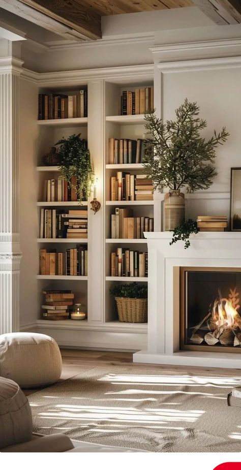 Built In Bookcases In Living Room, Beautiful Built Ins Living Room, Tv Wall Studio Mcgee, Fireplace Mantel Bookcase, Chimney Bookshelves, Fireplace Interior Wall, Bookcase Over Fireplace, Bookcases By Fireplace, Study Room With Fireplace