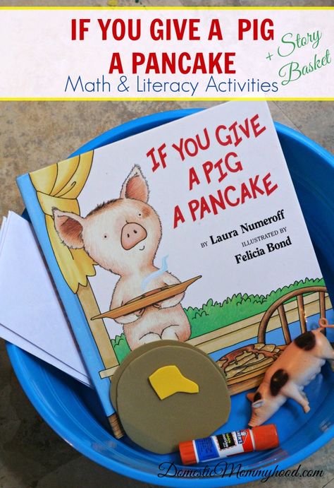 If you Give a Pig a Pancake Math and Literacy Pre-K Kids Activity I love to not only read our favorite storybooks but to take them one step further and turn them into learning activities for tots and preschoolers. A story that really holds their attention is a great tool that can help them learn … Story Bags, Story Boxes, Literacy Bags, Prek Literacy, Storytime Ideas, Laura Numeroff, Make Pancakes, Literature Activities, Author Study