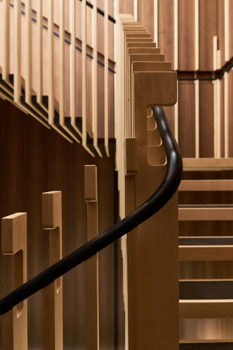 The wood-lined interior of this Japanese restaurant in London was designed by local practice Sybarite to evoke the feeling of a tranquil bamboo forest. Wood House Design, Japanese Restaurant Interior, Entryway Stairs, Restaurant In London, Handrail Design, Staircase Handrail, Interior Staircase, Stair Handrail, Lan Can