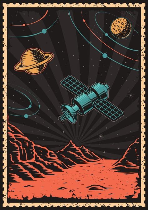 Satellite Aesthetic, Vintage Space Aesthetic, Retro Space Aesthetic, Mars Illustration, Satellite Poster, Astronomy Illustration, Grid Design Layout, Satellite Art, Planet Illustration