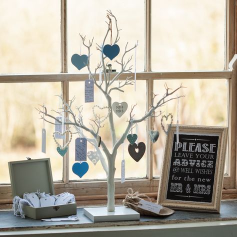 An alternative to a guest book .... let your guests leave their wishes on our tree then keep the tags in a rustic hessian bag ... treasured memories Valentine's Day Gift Baskets, Wedding Messages, Twig Tree, Fake Trees, Ministry Ideas, Quirky Decor, Family Legacy, Wedding Props, Decorations Wedding