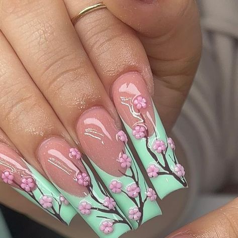 Green Tea Nails, Cherry Blossom Nails, Nails Yellow, Tree Nails, Grunge Nails, Summery Nails, Pretty Gel Nails, Unique Acrylic Nails, Nails Makeup