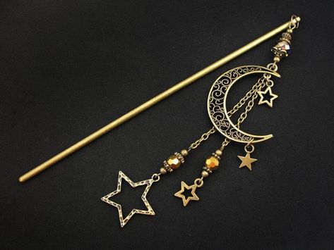 Moon hair stick golden fine crystals metal hairpin asian | Etsy Moon Hair Stick Tutorial, Crescent Moon Hair Pin, Kanzashi Hairpin, Moon Hair Pin, Moon Hair Stick, Hair Pin Japanese, Autumn Court, Asian Hair Ornaments, Chinese Hairpin