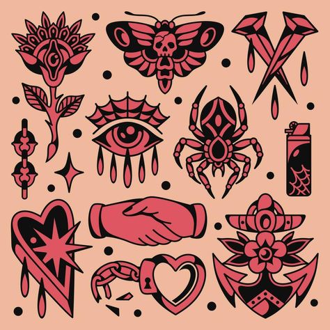 Old school tattoo flash design vector Basic Flash Tattoo, Old School Tattoo Flash Sheet, Minimal Traditional Tattoo, Random Flash Tattoo, Free Flash Tattoo, Vintage Tattoo Ideas Old School, Tattoo Stickers Design, American Trad Tattoo Flash, Simple American Traditional Tattoo Flash