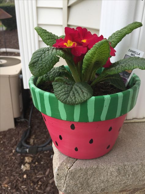 Watermelon Painted Pot, Watermelon Paintings Easy, Watermelon Porch Decor, Watermelon Wood Crafts, Watermelon Crafts For Adults, Watermelon Pot, Watermelon Decorations, Watermelon Craft, Watermelon Ideas