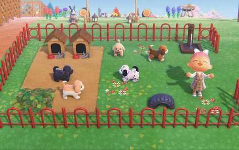 Animal crossing new horizon dog park. ACNH dog park idea. Acnh Dog Park Ideas, Animal Crossing Dog Design, Acnh Medical Clinic, Acnh Dog Design Code, Sherb Acnh Yard, Park Ideas Acnh, What To Do In Acnh, Acnh Size Guide, Theme Park Animal Crossing