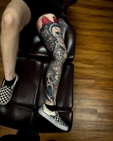 Horror Tattoo Ideas, Halloween Tattoos Sleeve, Horror Movie Tattoos, Full Leg Tattoos, Realistic Tattoo Sleeve, Clover Tattoos, Movie Tattoos, Wicked Tattoos, Scary Tattoos