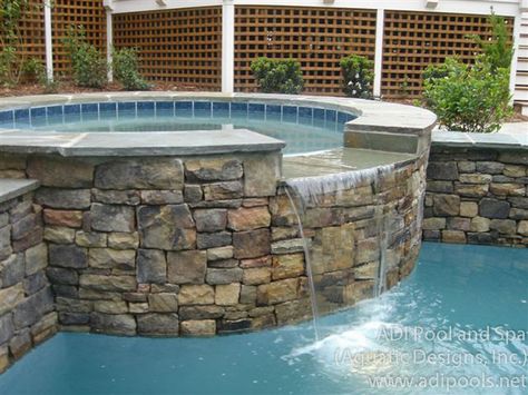 Raised Spa With Spillover, Spa Spillover Into Pool, Pool Makeover, Pool Features, Pool Remodel, Spa Ideas, Outdoor Remodel, Tudor House, Deck Ideas