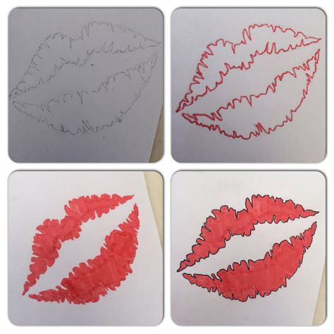 Drawing a kiss mark Kiss Mark Drawing Easy, How To Draw A Kiss Mark, Drawing A Kiss, Kiss Mark Drawing, How To Draw Lipstick, 2023 Bujo, Cute Art Ideas, Lipstick Mark, Kiss Mark