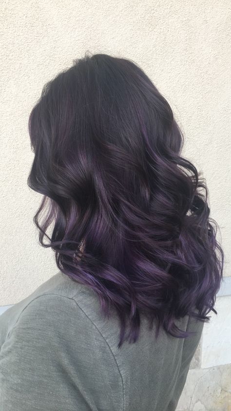 Dark Brown Hair With Purple Lowlights, Hair Colour Purple Highlights, Dark Purple Hair Highlights Brunettes, Purple In Dark Hair, Hair Colour Purple Dark, Dark Purple Balayage Black Hair, Dark Purple Hair Ideas, Dark Brown Purple Balayage, Dark Hair Purple Tint