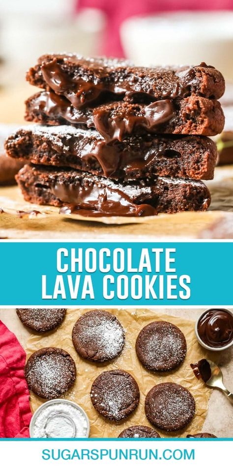 These gourmet chocolate lava cookies have an irresistible molten chocolate center! They are rich and decadent, yet surprisingly straightforward to make. Recipe includes a how-to video! Potato Leak, Chocolate Lava Cookies, Lava Cookies, Sugar Spun Run, Molten Lava Cakes, Cookies Sugar, Molten Chocolate, Molten Lava, Holiday Dessert Recipes