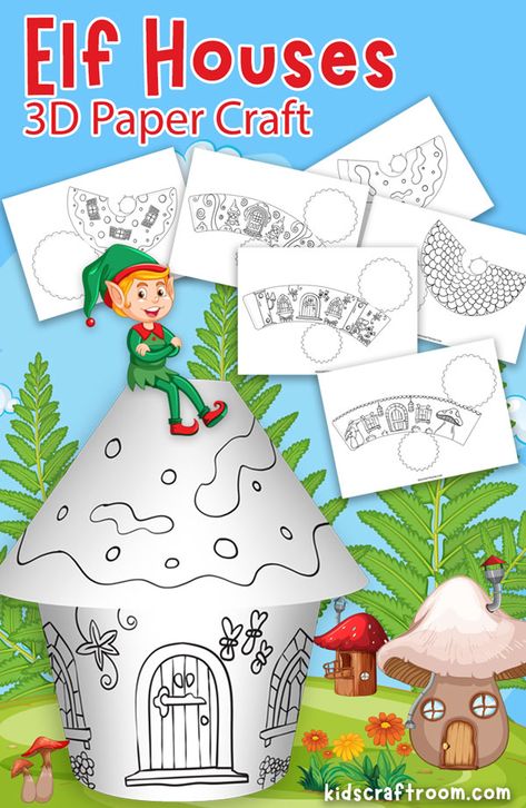 A 3D paper elf house with a cartoon elf sitting on the roof. Paper Elf, Elf Craft, Summer Coloring Sheets, Paper House Template, Printable House, Elf Crafts, 3d Templates, Fairy House Crafts, Free Printable Crafts