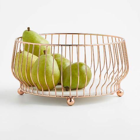 Cora Copper Fruit Basket with Banana Hanger + Reviews | Crate & Barrel Fruit Bowl Decor, Entryway Essentials, Basket For Fruit, Modern Fruit Bowl, Tiered Fruit Basket, Aroma Burner, Laundry Room Renovation, Fruit Baskets, Basket And Crate