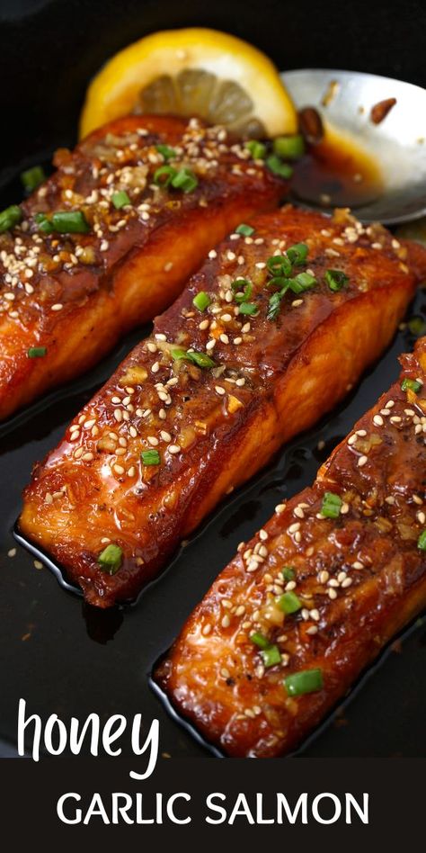 Intercontinental Dishes, Honey Garlic Butter Salmon, Honey Salmon Recipes, Honey Lemon Salmon, Salmon Recipe Pan, Honey Glazed Salmon Recipe, Salmon Recipes Pan Seared, Recipe Salmon, Honey Garlic Salmon