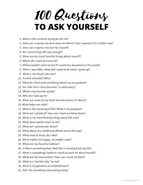 100 Questions to Ask Yourself for Self Growth (Free Printable) Phylosofical Questions, Spiritual Questions To Ask Yourself, Spiritual Questions To Ask People, Self Knowledge Questions, Self Love Questions To Ask Yourself, Daily Questions To Ask Yourself, 100 Questions To Get To Know Someone, Questions To Get To Know Yourself, Deep Thinking Questions