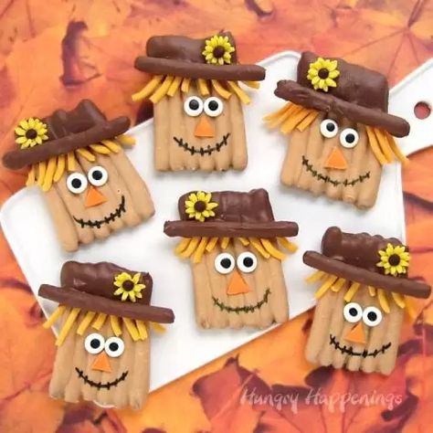 treats. Whimsical Thanksgiving, Scarecrow Craft, Chocolate Dipped Pretzels, Holiday Desserts Table, Peanut Butter Candy, Thanksgiving Cookies, Thanksgiving Treats, Chocolate Pretzels, Modeling Chocolate