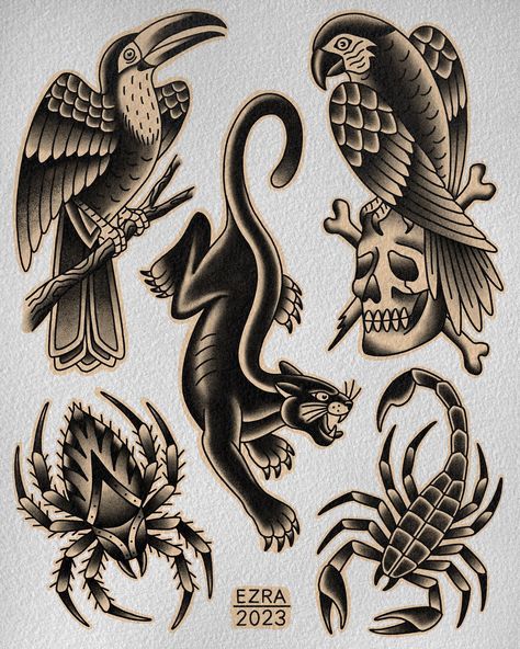 new flash sheet, available to tattoo. thank you for looking 🦜 email ezratattoos24@gmail.com or fill out the form in my bio to book | Instagram Ezra Tattoo, Black Flash Tattoos, Traditional Tattoo Black And White, Boxing Tattoos, Traditional Tattoo Outline, Traditional Panther Tattoo, Traditional Black Tattoo, Vintage Tattoos, Traditional Tattoo Flash Art