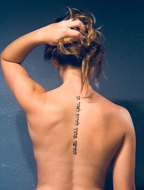 Bible Verse Down Spine Tattoo, Hebrew Scripture Tattoos, Biblical Spine Tattoos, Hebrew Tattoos For Women With Meaning, Hebrew Spine Tattoos For Women, Hebrew Spine Tattoo, Biblical Back Tattoos For Women, Christian Hebrew Tattoos For Women, Spine Tattoos For Women Christian