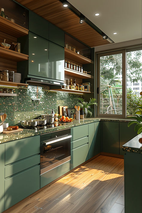 green kitchen, modern kitchen, green modern kitchen, green and wood kitchen, kitchen inspirationm small kitchen inspo, Green Kitchen Aesthetic Modern, Nature Friendly Homes, Kitchen Green Ideas, Earthy Interior Design Kitchen, Jade Countertops Kitchen, Eco Kitchen Design, Kitchen Green And Wood, Green Interior Design Kitchen, Green Wood Aesthetic