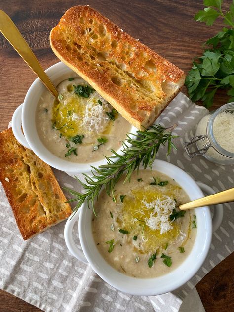 White Bean & Rosemary Soup White Bean Rosemary Soup, Lemon Rosemary White Bean Soup, Rosemary White Bean Soup, Rosemary Soup, White Kidney Beans, Cooking Dried Beans, Healthy Italian, Lemon Rosemary, Savory Soups