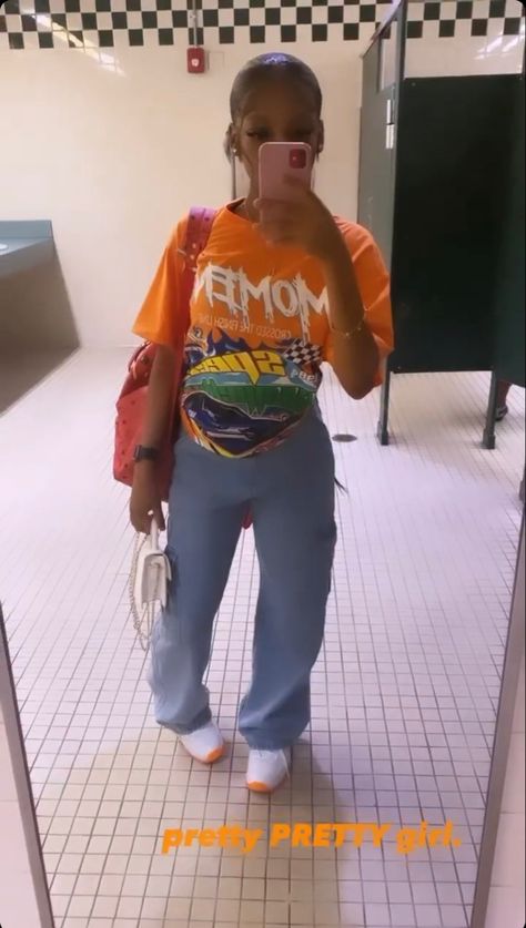 Orange Graphic Tee Outfit, Orange Graphic Tee, Graphic Tee Outfit, Tee Outfits, Orange Graphic, Boujee Outfits, Graphic Tee Outfits, Orange Outfit