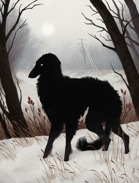 Shadowy Animals Infiltrate Desolate Spaces in Illustrations by Jenna Barton | Colossal Jenna Barton, Black Dog, The Snow, A Black, Bar, Black, Art