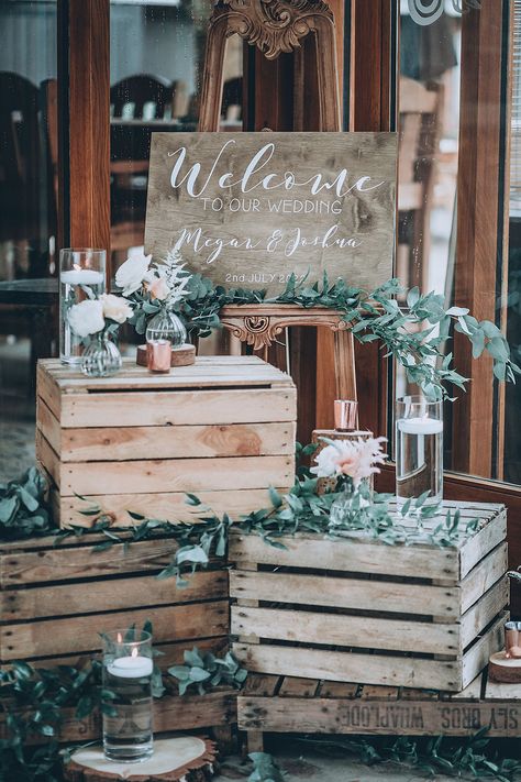 rustic wedding welcome sign Wedding Welcome Sign Rustic, Rustic Chair Decor, Rustic Wedding Signs Entrance, Wooden Crates Wedding, Rustic Wedding Welcome Sign, Liver Sausage, Rustic Wedding Theme, Wedding Guest Signing, Wedding Alters