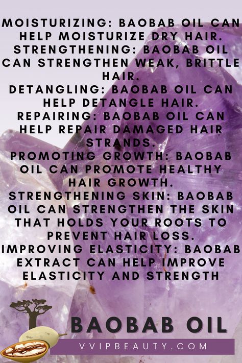 Moisturizing: Baobab oil can help moisturize dry hair. Strengthening: Baobab oil can strengthen weak, brittle hair. Detangling: Baobab oil can help detangle hair. Repairing: Baobab oil can help repair damaged hair strands. Promoting growth: Baobab oil can promote healthy hair growth. Strengthening skin: Baobab oil can strengthen the skin that holds your roots to prevent hair loss. Improving elasticity: Baobab extract can help improve elasticity and strength 4c Natural Hair Care, Hair And Skin Vitamins, Skin Vitamins, Moisturize Dry Hair, Scalp Hair Growth, Detangle Hair, Repair Damaged Hair, Oil Cleansing, Fav Products