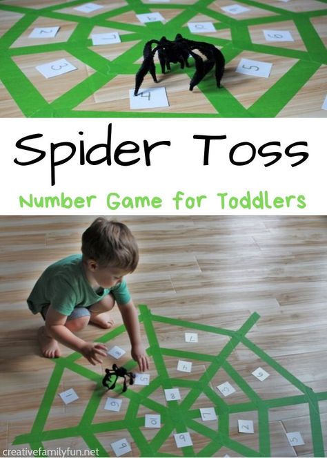 Spider Toss Number Game for Toddlers - Creative Family Fun Bug Games For Kids, Spider Preschool Activities, Number Games For Preschool, Numbers Games For Kids, Spider Activities For Preschool, Number Activities For Toddlers, Preschool Spiders, Spider Theme Preschool, Spider Math Activities