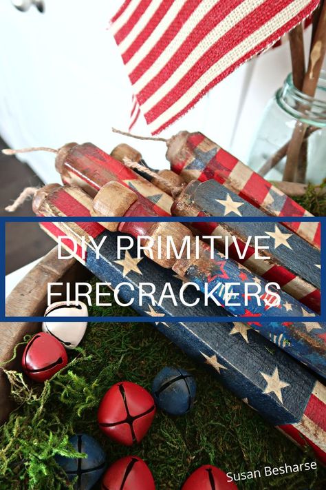 Primitive Americana Crafts, Americana Crafts Diy, Primitive Patriotic Crafts, Vintage Patriotic Decorations, Primitive Crafts Diy, Diy Primitive Decor, Diy Patriotic Decor, Patriotic Decorations Diy, Fouth Of July Crafts