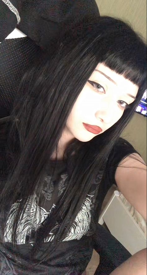 Long Black Dyed Hair, Long Hair With Straight Across Bangs, Microbangs Black Hair, Black Hair With Micro Bangs, Haircuts With Micro Bangs, Short Goth Bangs, Straight Long Hair Bangs, Emo Haircuts For Women, Black Hair Micro Bangs