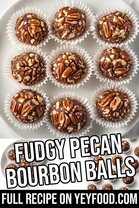 Fudgy Pecan Bourbon Balls - Yeyfood.com: Recipes, cooking tips, and kitchen hacks for home cooks of all levels Pecan Pie Bourbon Balls, Boozy Bourbon Balls, Keto Bourbon Balls, Bourbon Cake Balls, Pecan Bourbon Balls, Bourbon Balls Recipe Easy, Liquor Balls, Alcohol Truffles, Bourbon Pecans Recipe