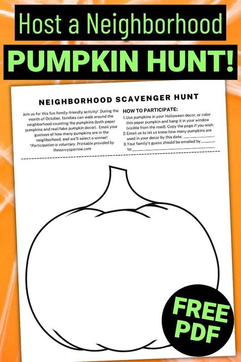 This free printable Halloween scavenger hunt is a fun and free family Halloween activity! Simply print out the scavenger hunt checklist and walk around your neighborhood looking for the carved pumpkins on the list. You can also use the neighborhood pumpkin scavenger hunt and get your whole community involved... includes a PDF that you can pass out to your neighbors explaining how to participate and a pumpkin template that they can color and hang in their window. Whether you choose to do the s Pumpkin Scavenger Hunt, Printable Halloween Scavenger Hunt, Pumpkin Hunt, Neighborhood Scavenger Hunt, Neighborhood Walk, Free Printable Halloween, Halloween Scavenger Hunt, Carved Pumpkins, Fake Pumpkins